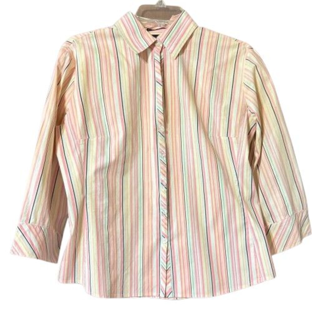 New York & Co City Stretch Pastel Stripe Fitted Button Up 3/4 Sleeve No Size Tag
